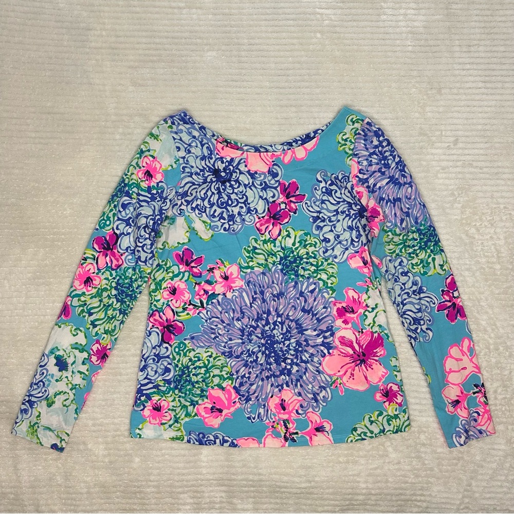 Lilly Pulitzer Floral Tristan Long Sleeve Twisted Keyhole Top Size Small